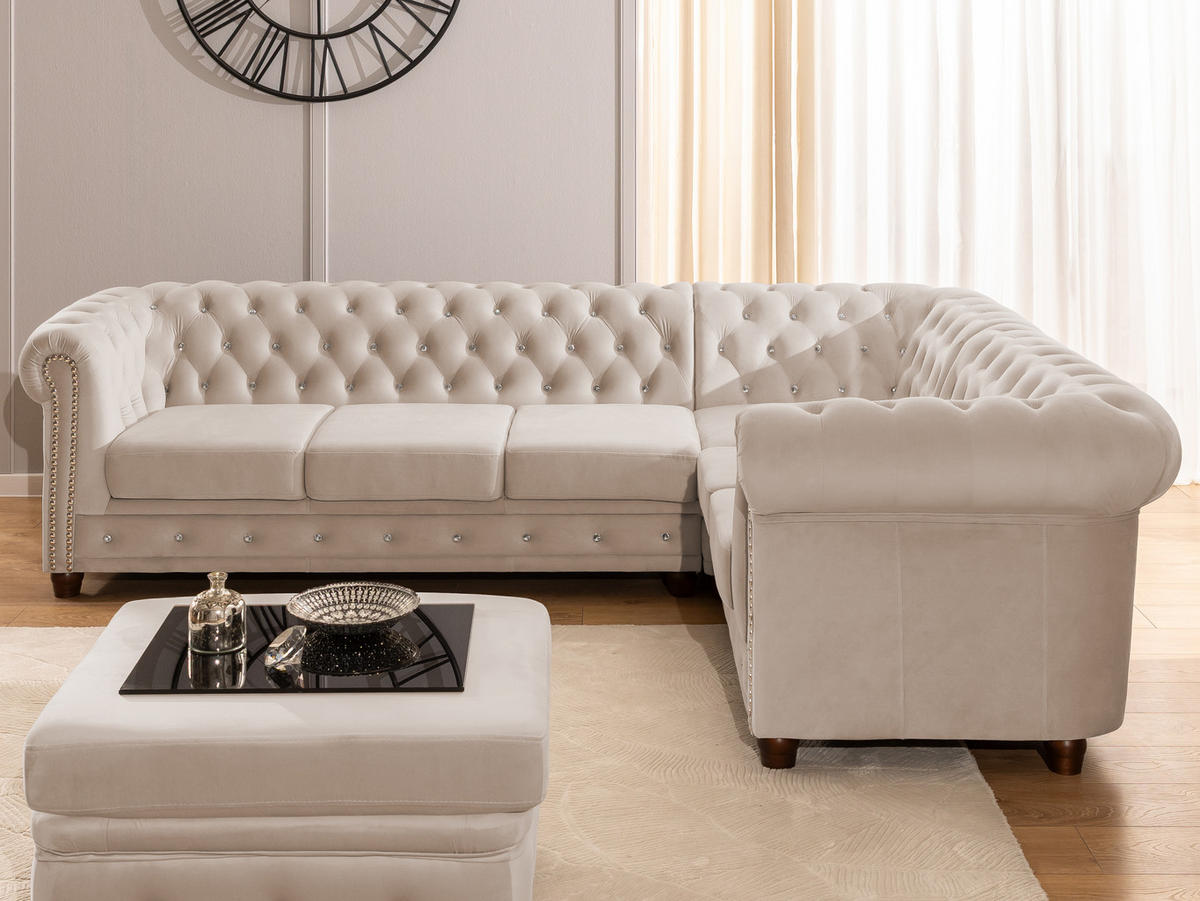 ECKSOFA mit Schlaffunktion Chesterfield Cleo Blink Beige Samt mit Kristallsteppung und braunen Massivholzfüßen - Ottomane Rechts - Beige/Braun, Holz/Textil (264/210cm) - S-Style Möbel