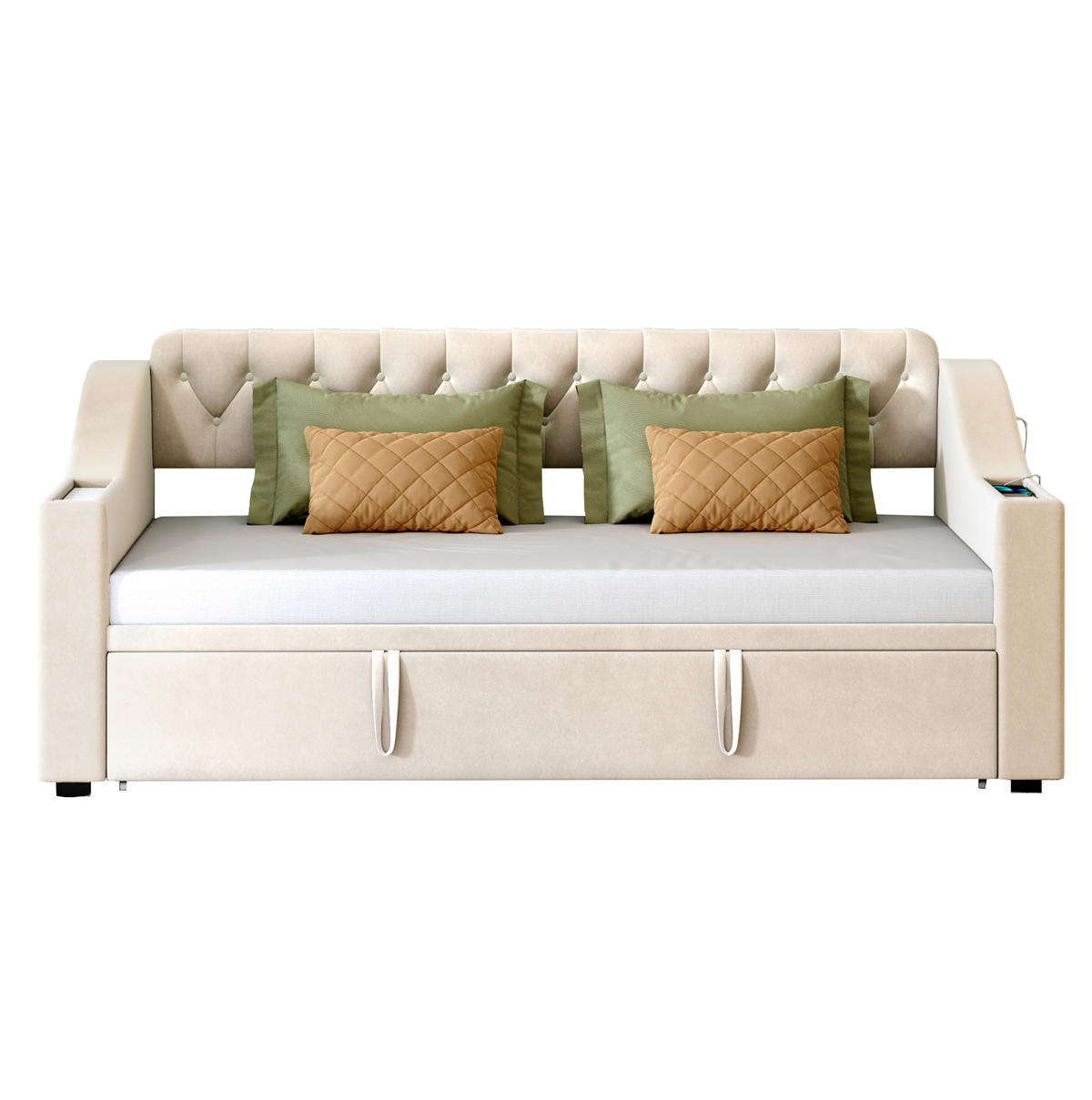 SCHLAFSOFA 90/190 cm ausziehbar auf 180/190 cm mit USB-C, USB und Stauraum aus Samt, Beige - Beige, Textil (98.5/78.5/215cm) - Redom
