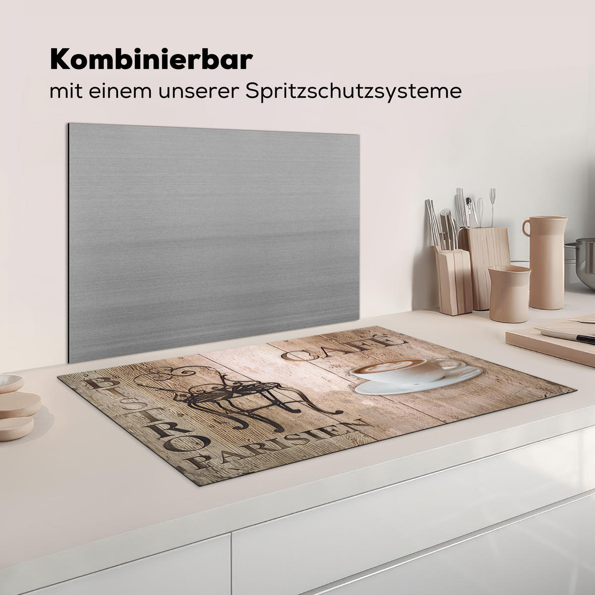 KRYT NA INDUKČNÍ DESKU Bistro Parisien - Kavárna - Káva - Vintage 85x52 cm - kapučínová, plast (85/52/0.2cm) - MuchoWow