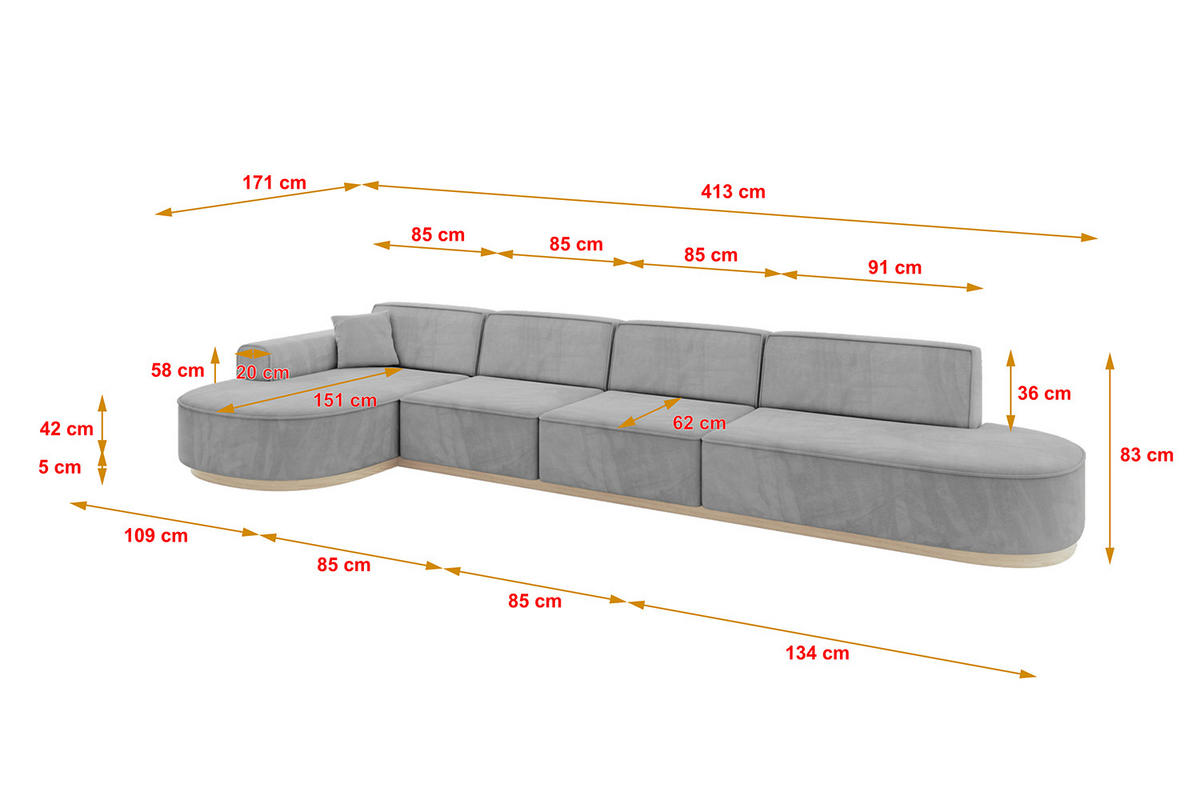 ECKSOFA Ottomane Links MARI-L3-v1 - 413x171x83 cm Grau Velours - Grau, Holzwerkstoff/Textil (413/171cm) - ALTDECOR