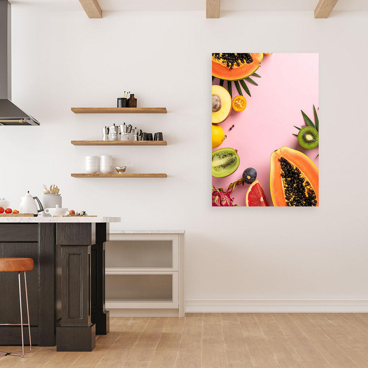 WANDBILD, Farbenfrohe exotische Früchte auf pastellrosa Hintergrund - Multicolor, Textil (40/60cm) - Feeby
