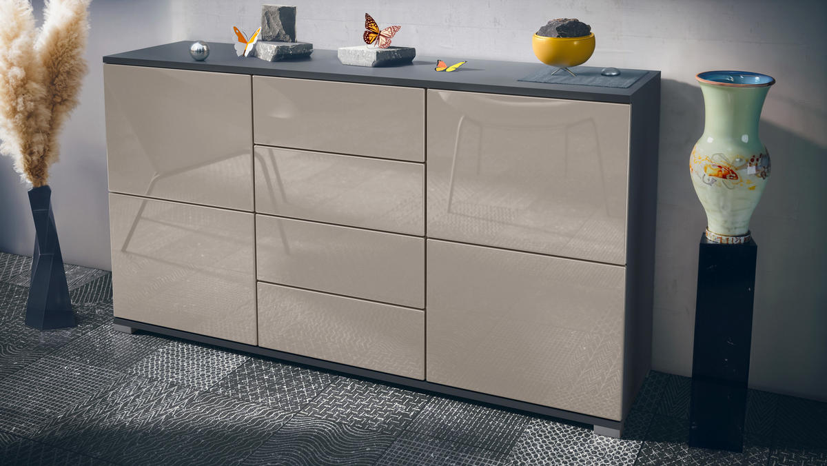SIDEBOARD Rova Sandgrau Hochglanz - Sandfarben, Holzwerkstoff (138.5/75.5/35cm) - Vladon