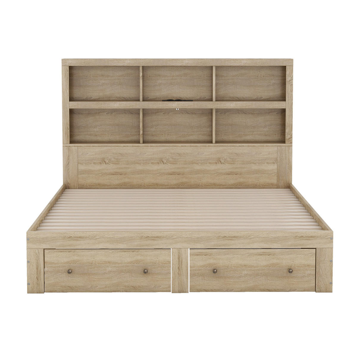 DOPPELBETT 160/200 cm Natur Kingsize-Plattformbett mit Stauraum und USB-Ladeanschluss - Naturfarben, Holzwerkstoff (160/200cm) - OKWISH