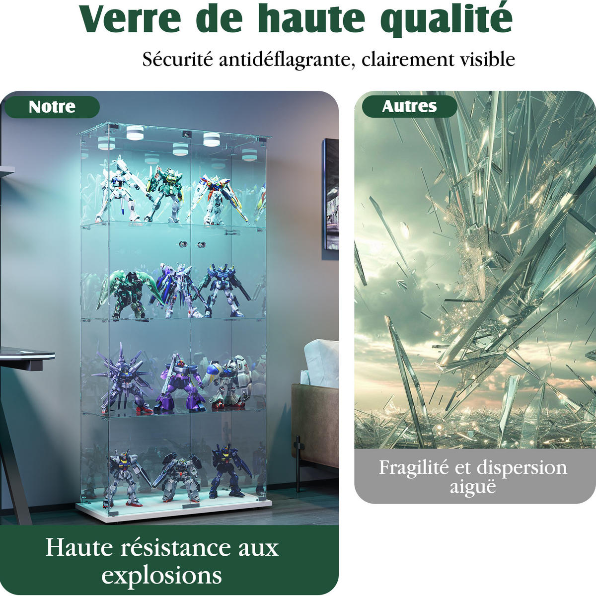 GLASVITRINE LED mit 2 Türen, 4 Regalen, Schloss, Weiß für Wohnzimmer - Weiß, Holz (35/163/78.5cm)