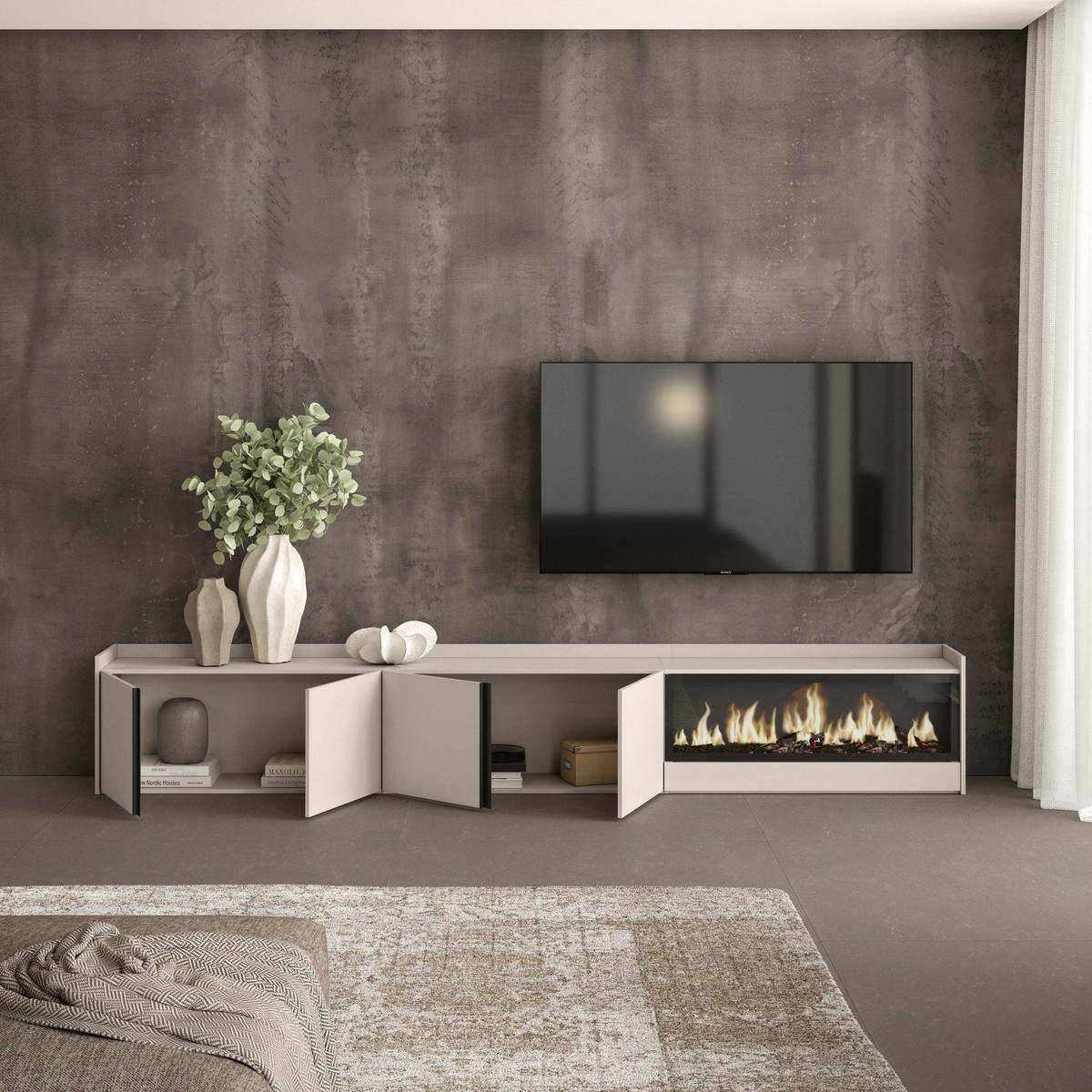 LOWBOARD, Beige, 315/35/50cm, Kamin mit Feuereffekt XXL - Beige, Holzwerkstoff (315/50/35cm) - Skraut Home