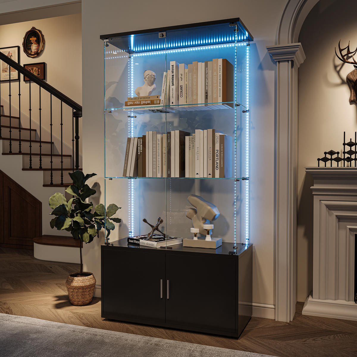 VITRINE mit Doppelglasfront, 3 Glasablagen & zweitürigem Unterschrank, LED-Lichtleiste, Schwarz - Schwarz, Glas/Holz (78.51/164/35cm) - BRILVERDE