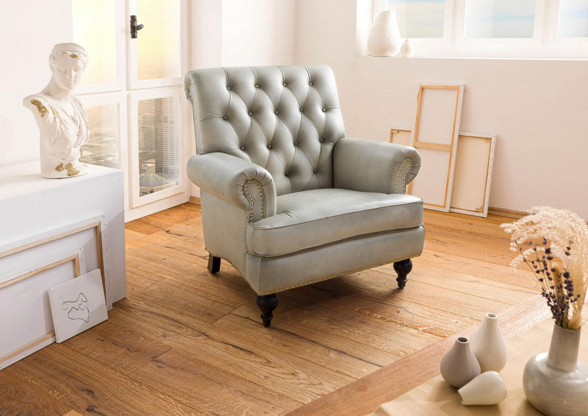 SESSEL Echtleder 84x84x94 grau CHESTERFIELD #205 - Grau, Leder (84/94/84cm) - Massivmoebel24