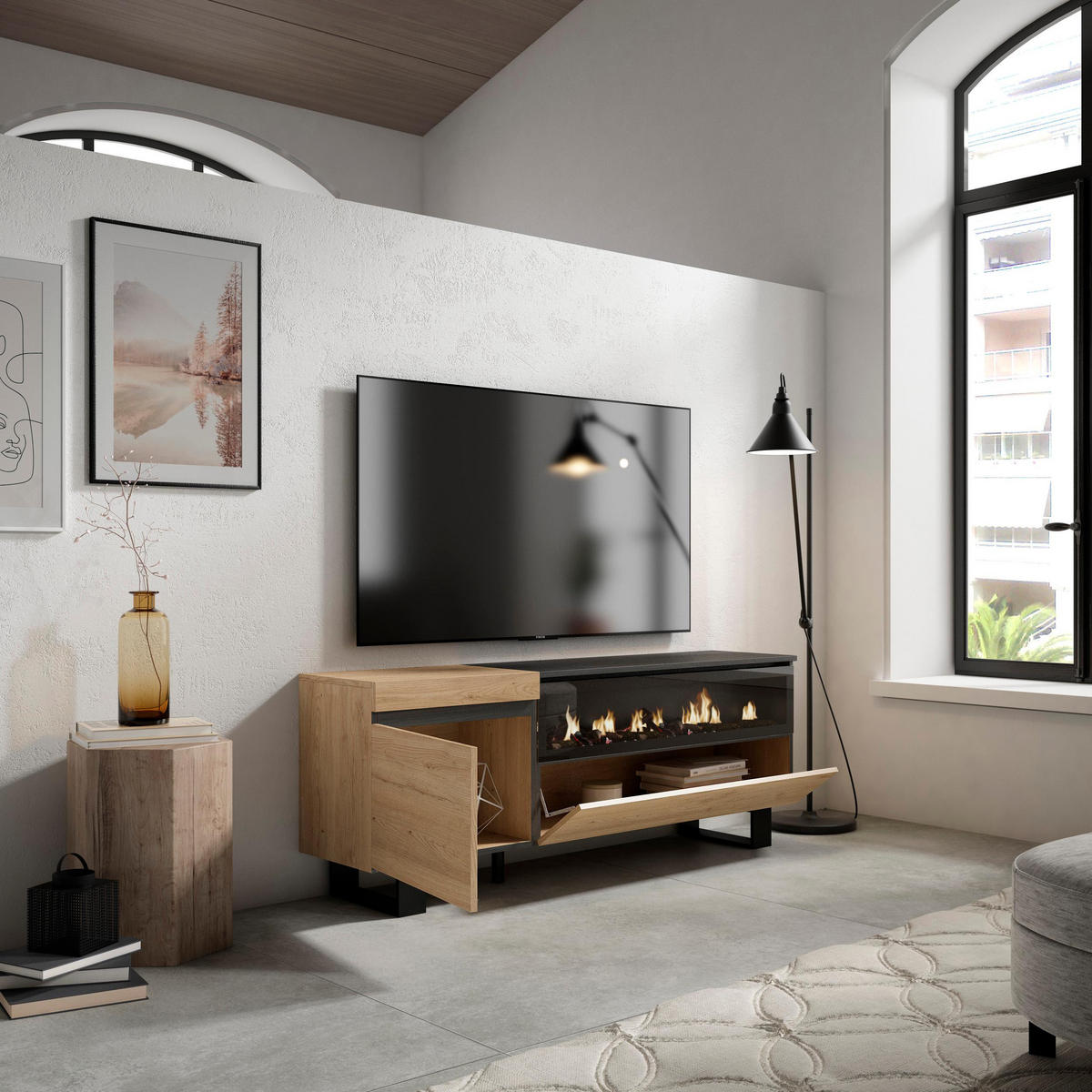 TV-SCHRANK eiche, schwarz, mit Elektrokamin, 150/35/57cm - Naturfarben, Holzwerkstoff (150/57/35cm) - Skraut Home