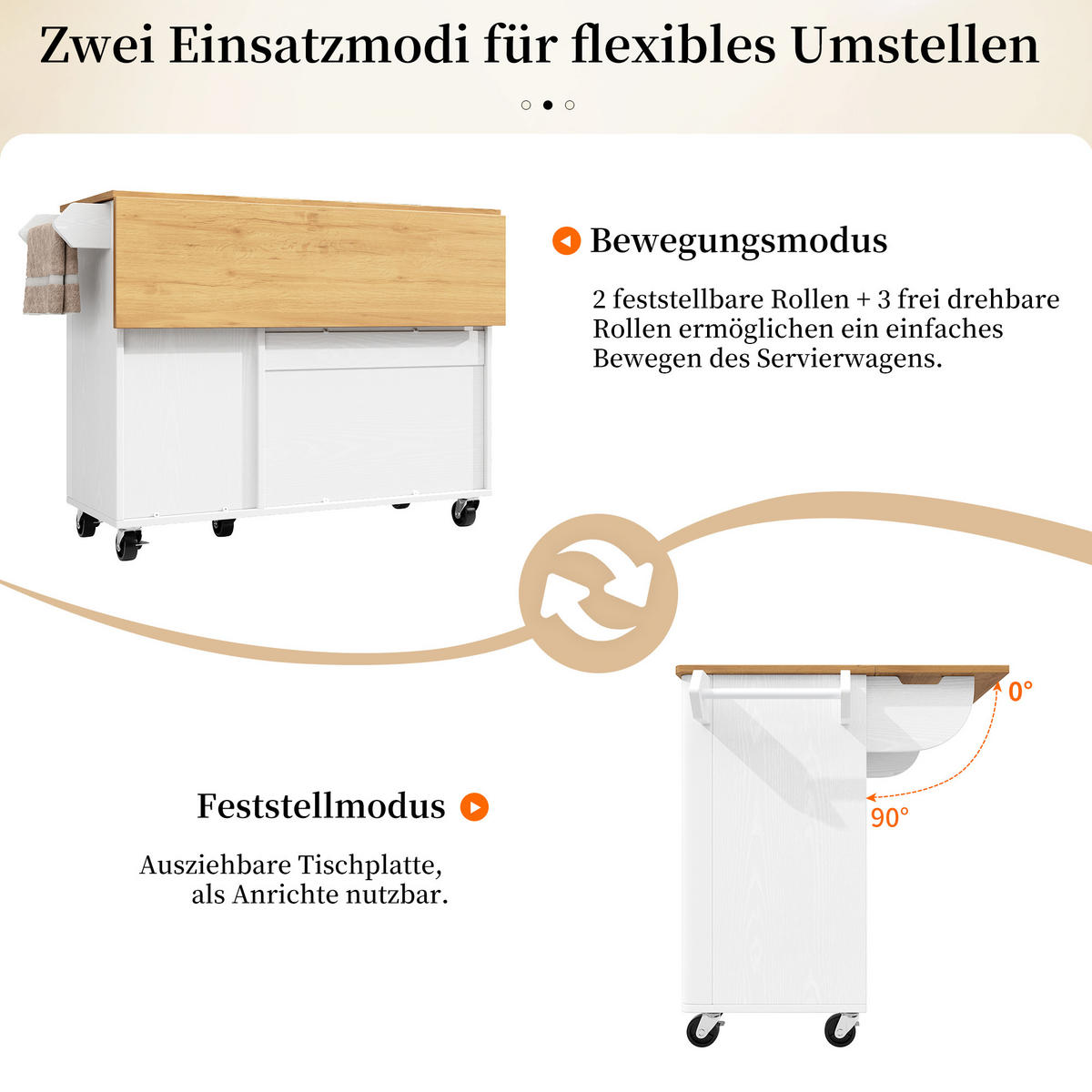 KÜCHENINSEL mit Rollen 130/45(75)/92 cm Weiß mit Klappplatte, 3 Türen, Gewürzregal und Handtuchhalter - Weiß, Holz/Holzwerkstoff (130/92/45cm) - Oxeza