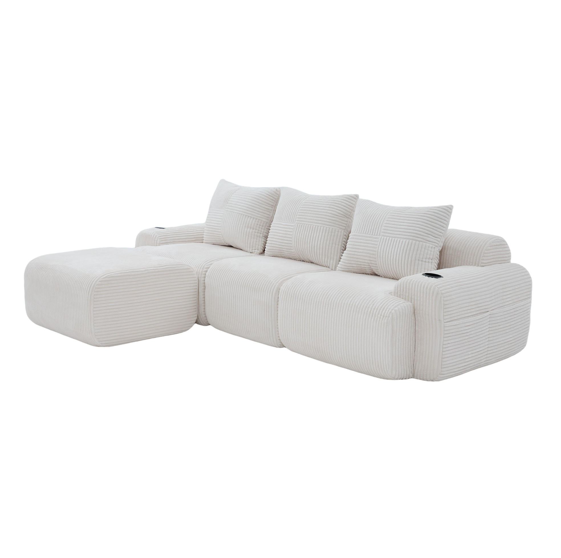 MODULARES 3-Sitzer Sofa Cordstoff mit Getränkehalter und Seitentasche 268/174/80 cm Beige - Beige, Textil (174/268cm) - Redom