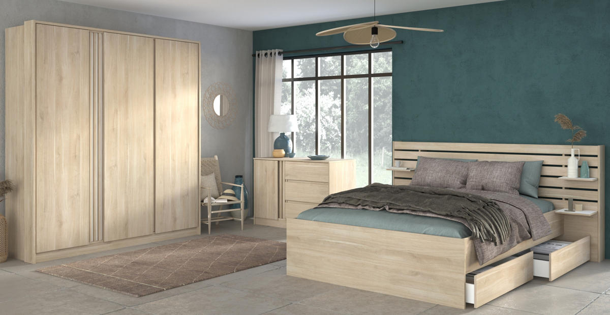 SCHLAFZIMMER komplett Set Stauraumbett 160x200 und Kleiderschrank - Eichefarben, Holz/Holzwerkstoff (160/203/200cm) - Parisot Meuble