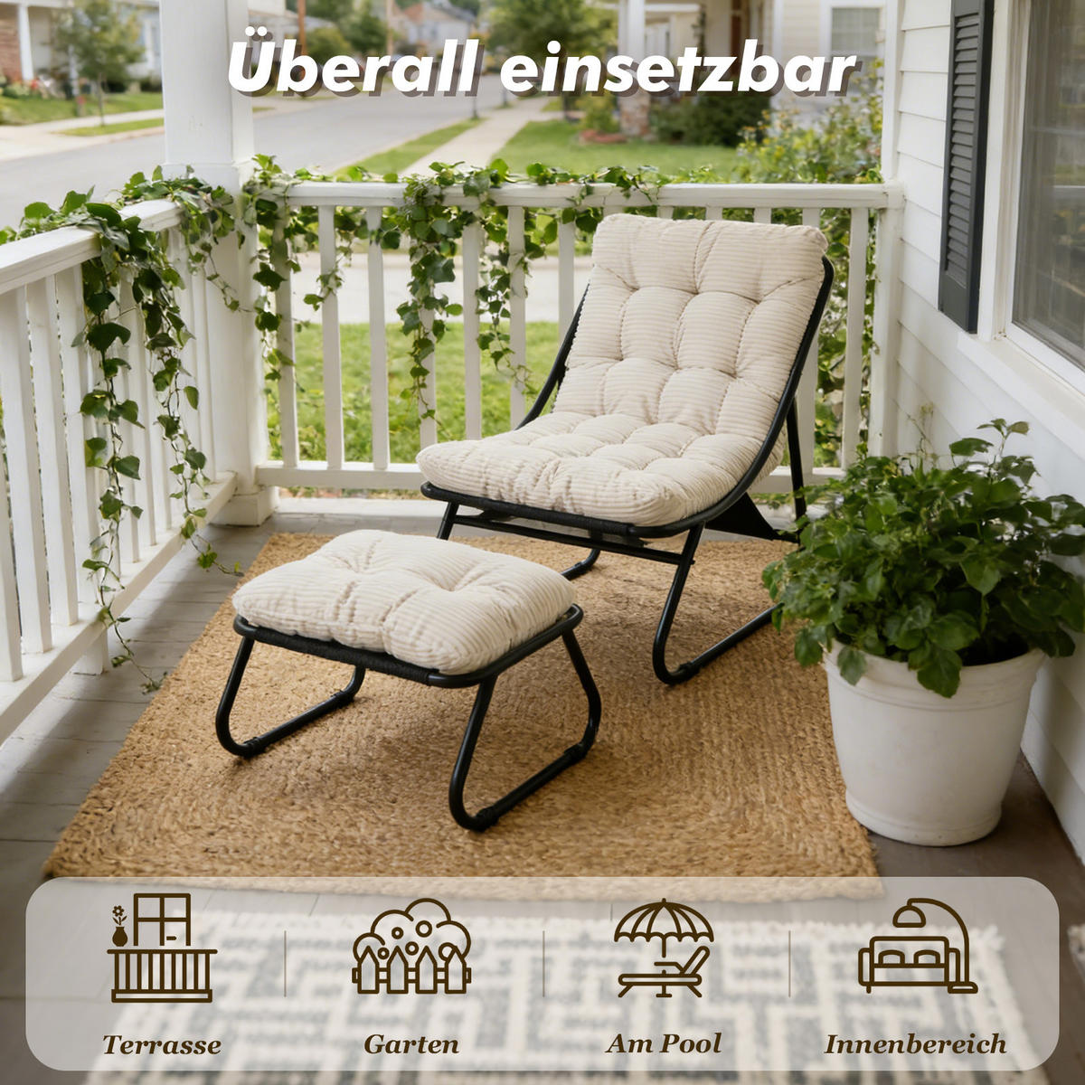 SESSELSET, Relaxsessel mit Hocker,Stahlrahmen,Cord,Weiß - Weiß, Metall (78/86/65cm) - LVHOM