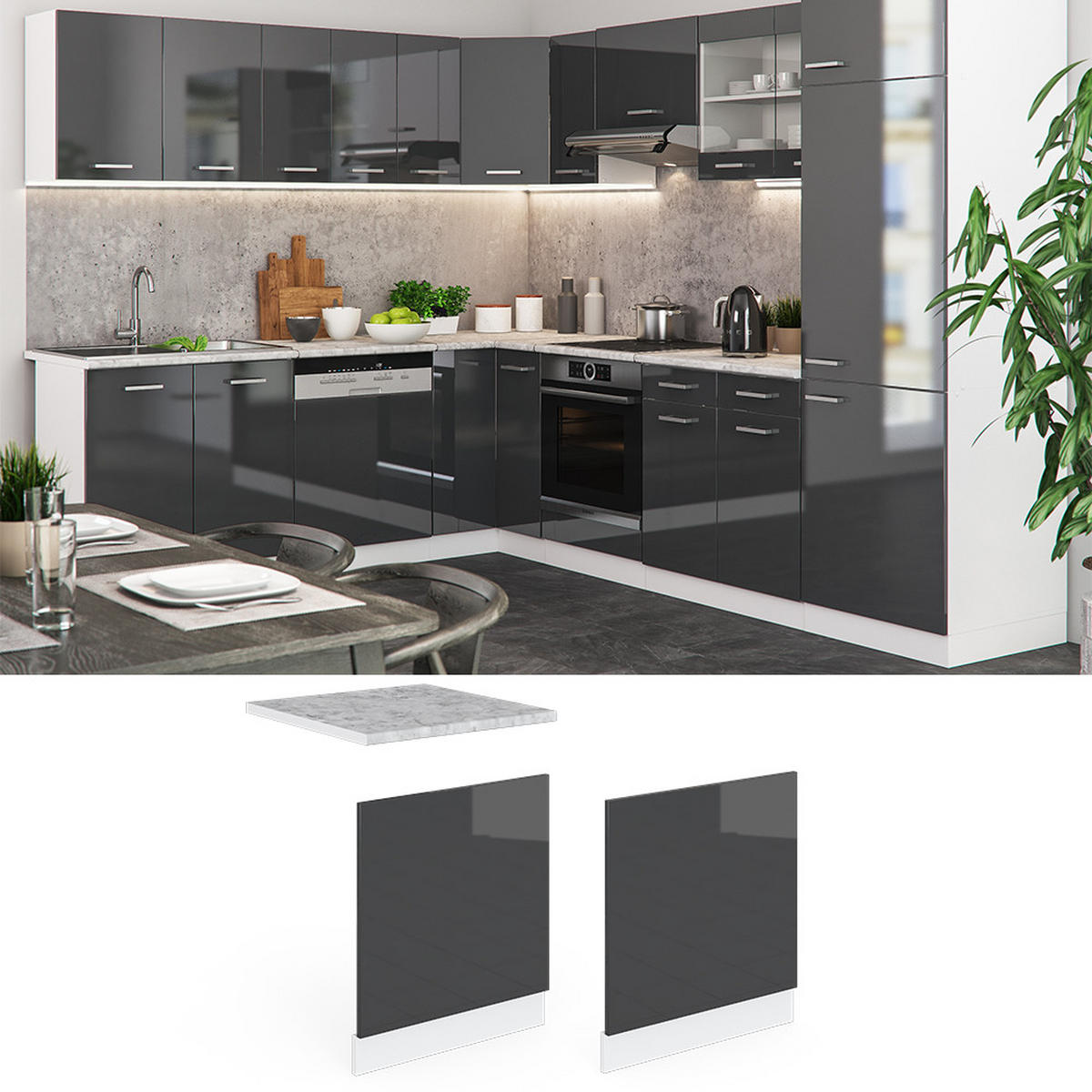 FRONTBLENDE R-Line Anthrazit 60 cm, AP Marmor - Schwarz Hochglanz/Anthrazit, Holzwerkstoff (60/57.2/1.6cm) - Vicco