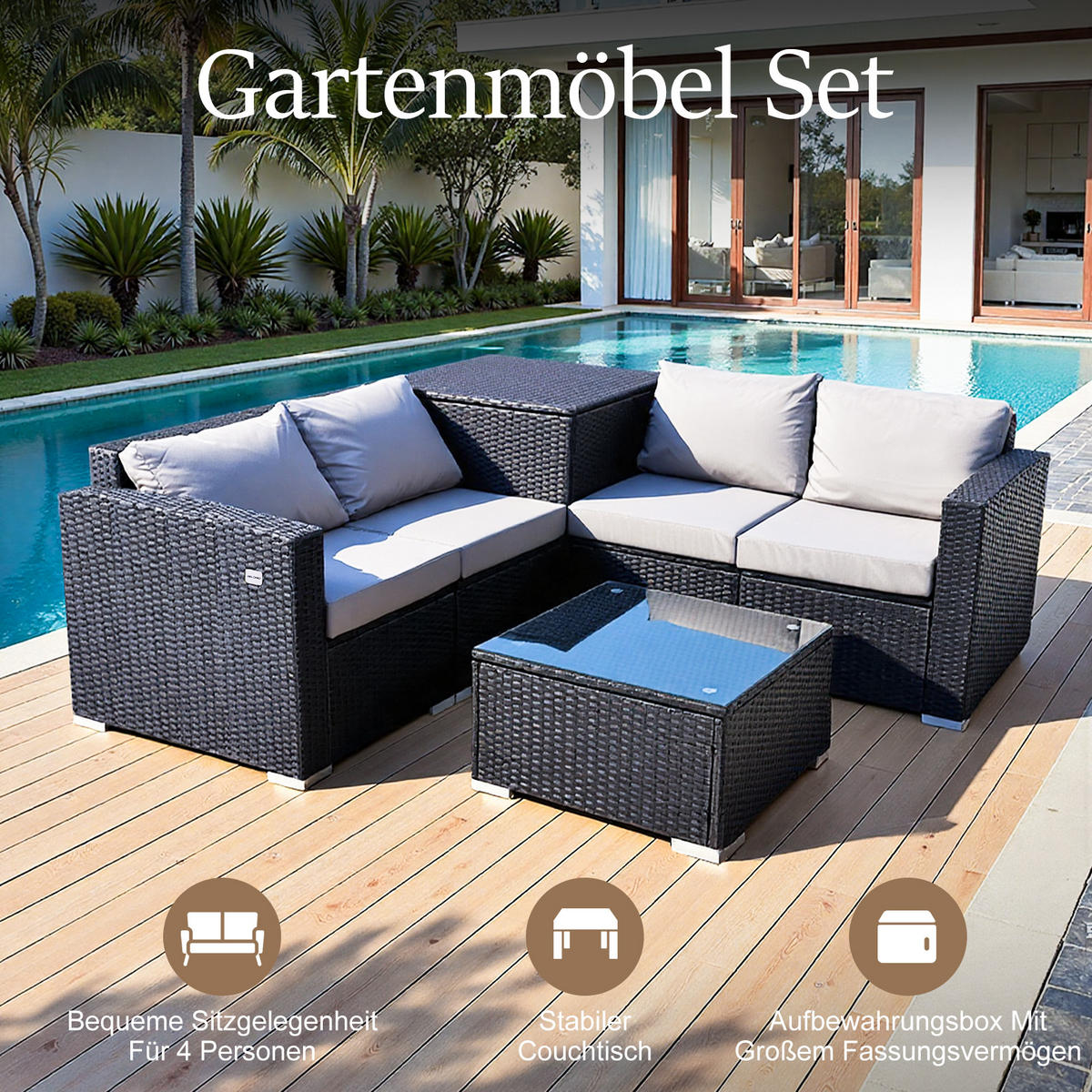 GARTEN-SOFA-SET - Schwarz, Metall - BELONID