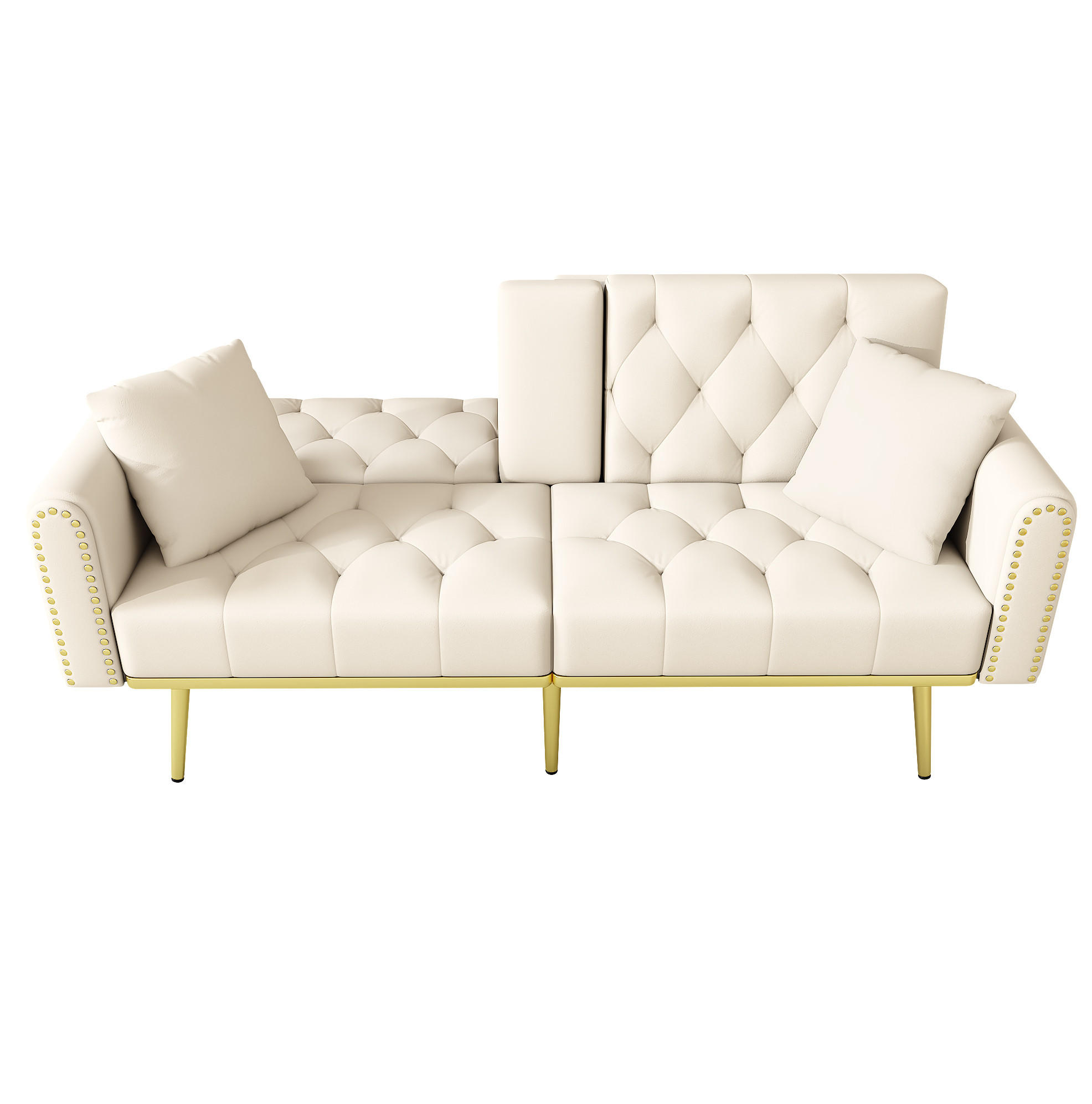 Modfu ROZKLÁDACÍ pohovka ze sametu 175x80x73,5 cm béžová s polohovatelnou opěrkou, držákem nápojů a 2 polštáři