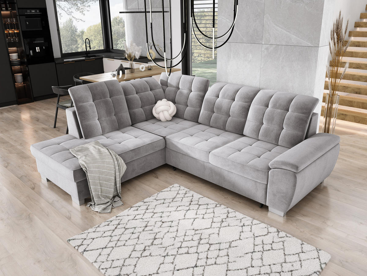 ECKSOFA LOTTA SALVADOR Bettkasten verstellbare Kopfstützen hochwertige Verarbeitung lose Rückenkissen freistehend LINKS 212x258x106 cm Grey - Grau, Holz/Textil (212/258cm) - DomoHome