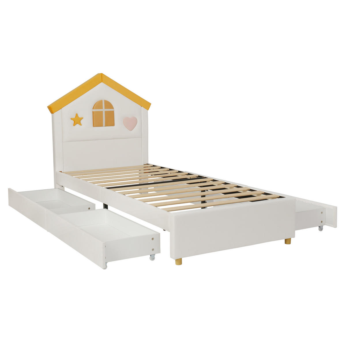KINDERBETT aus Samt 90x200 cm Beige mit 4 Schubladen, Hauskopfteil und gepolstertem Design - Beige, Textil (90/200cm) - Modfu