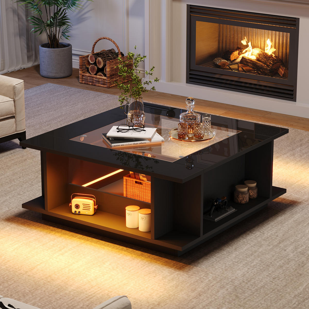 COUCHTISCH Quadratischer mit Glasplatte & LED, Hochglanz Schwarz, 70/70/30 cm modern - Schwarz, Glas/Holzwerkstoff (70/70/30cm) - EVRYAE