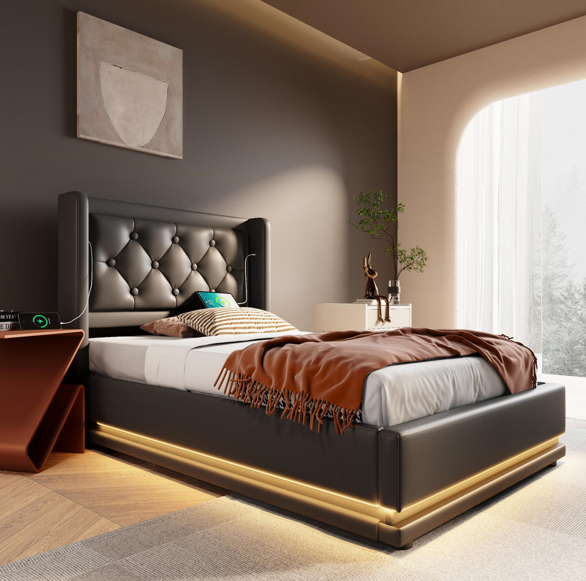 BETT mit Stauraum 90x200 cm PU Schwarz mit LED und USB - Schwarz, Metall (90/200cm) - Meubliv