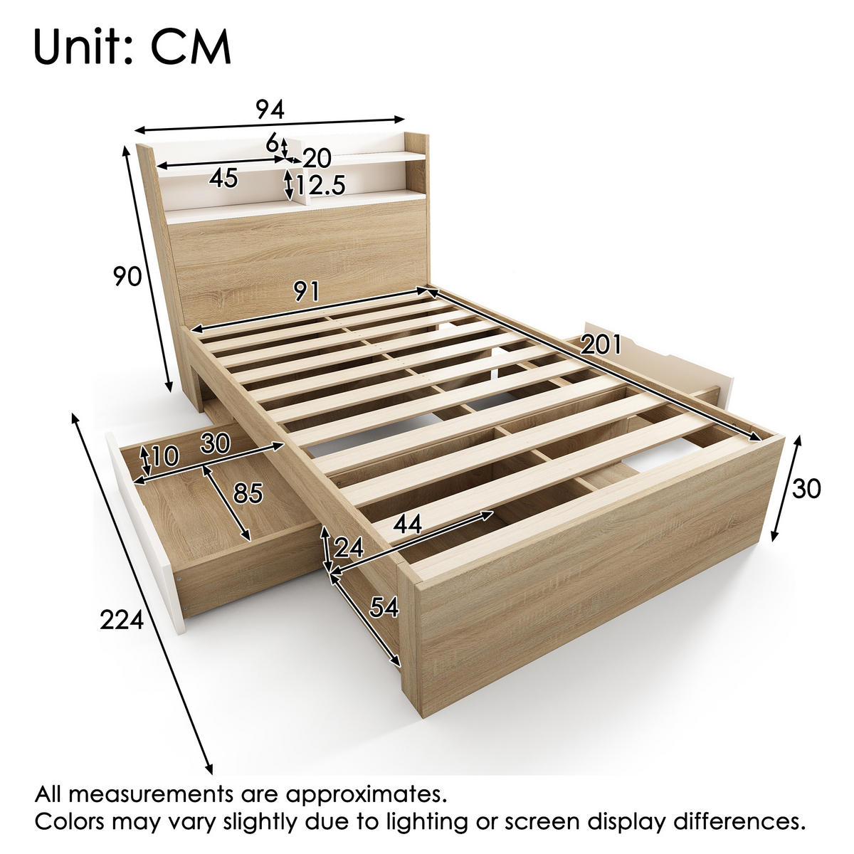 EINZELBETT 90/200 cm Weiß aus Massivholz mit Schubladen und Regal-Kopfteil - Weiß, Holzwerkstoff (90/200cm) - OKWISH