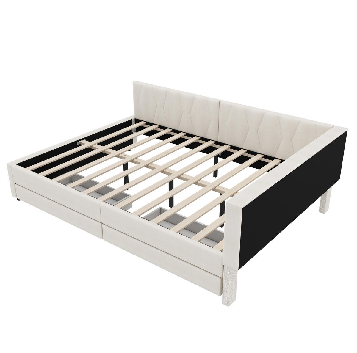 TAGESBETT 140/200 cm aus Leinen mit LED-Lichtleiste, USB-C und Schubladen Beige - Beige, Textil (140/200cm) - Modenvie