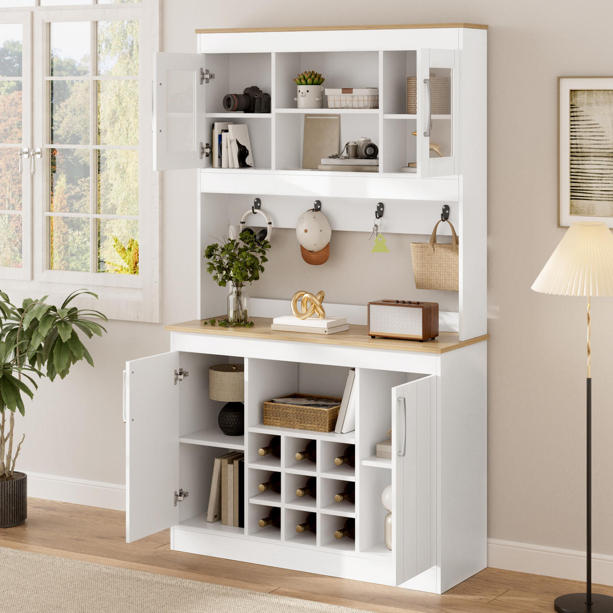 KÜCHENBUFFET 106x39x175 cm, Glastüren, Weinregal, Hakenleiste, Natur/Weiß - Naturfarben, Holzwerkstoff (106/175/39cm) - FOHERE