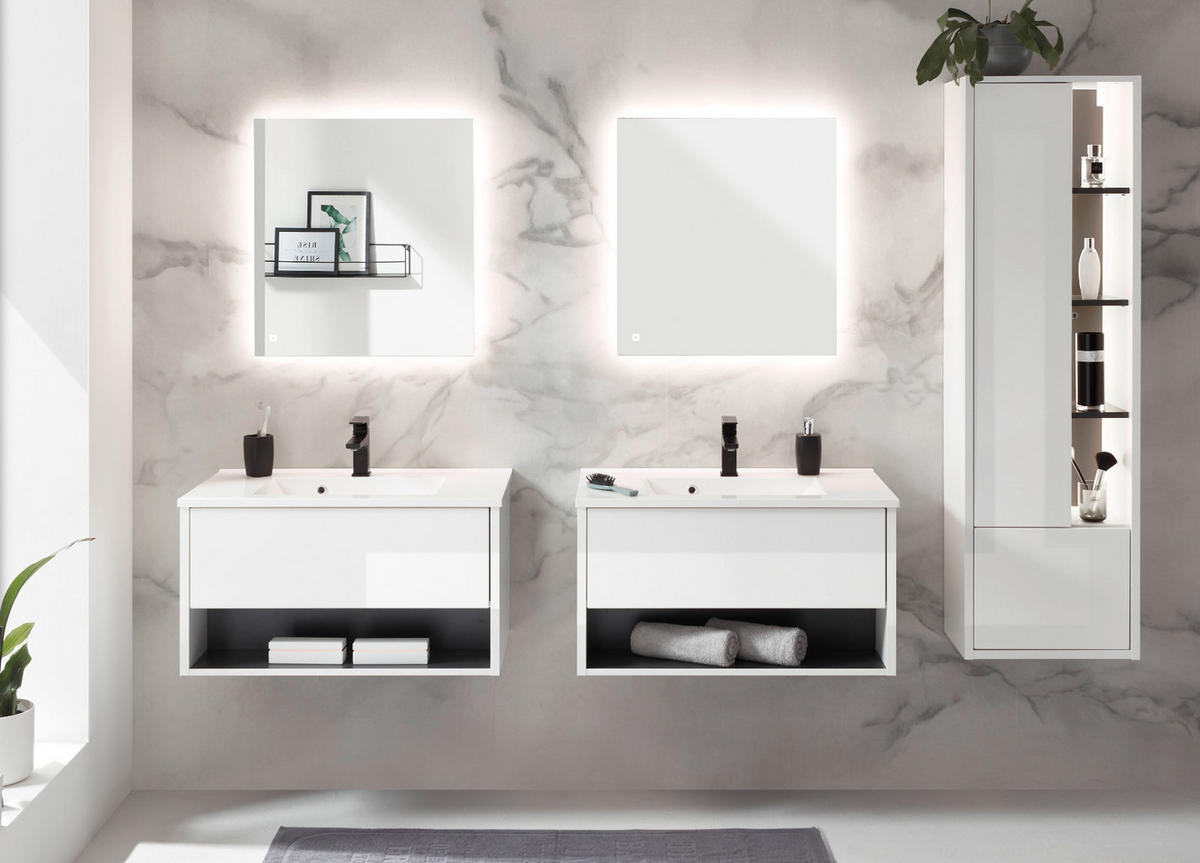 BADMÖBEL-SET weiß Hochglanz, grau 7-teilig, Komplettset mit Waschbecken und LED Beleuchtung - Weiß Hochglanz/Grau, Glas/Holzwerkstoff (225/190/47cm) - Furn.Design