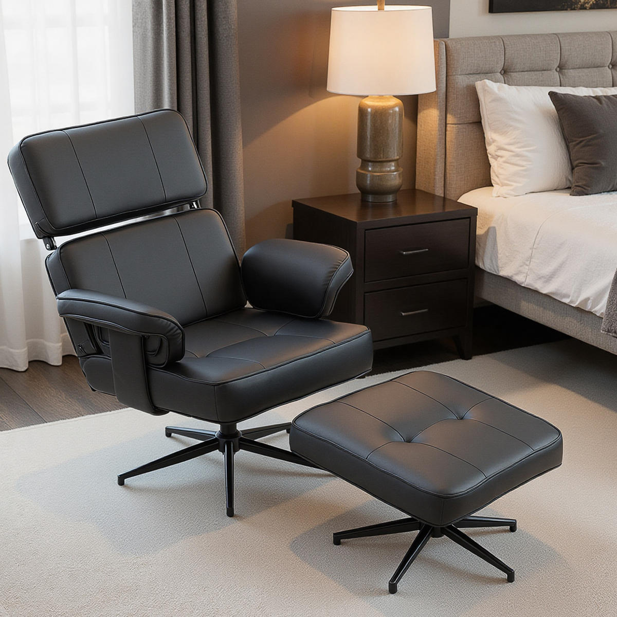 RELAXSESSEL mit Hocker Verstellbare Kopfstütze Liegefunktion Kunstleder Schwarz - Schwarz, Textil/Metall (79/89/91cm) - HOMCOM