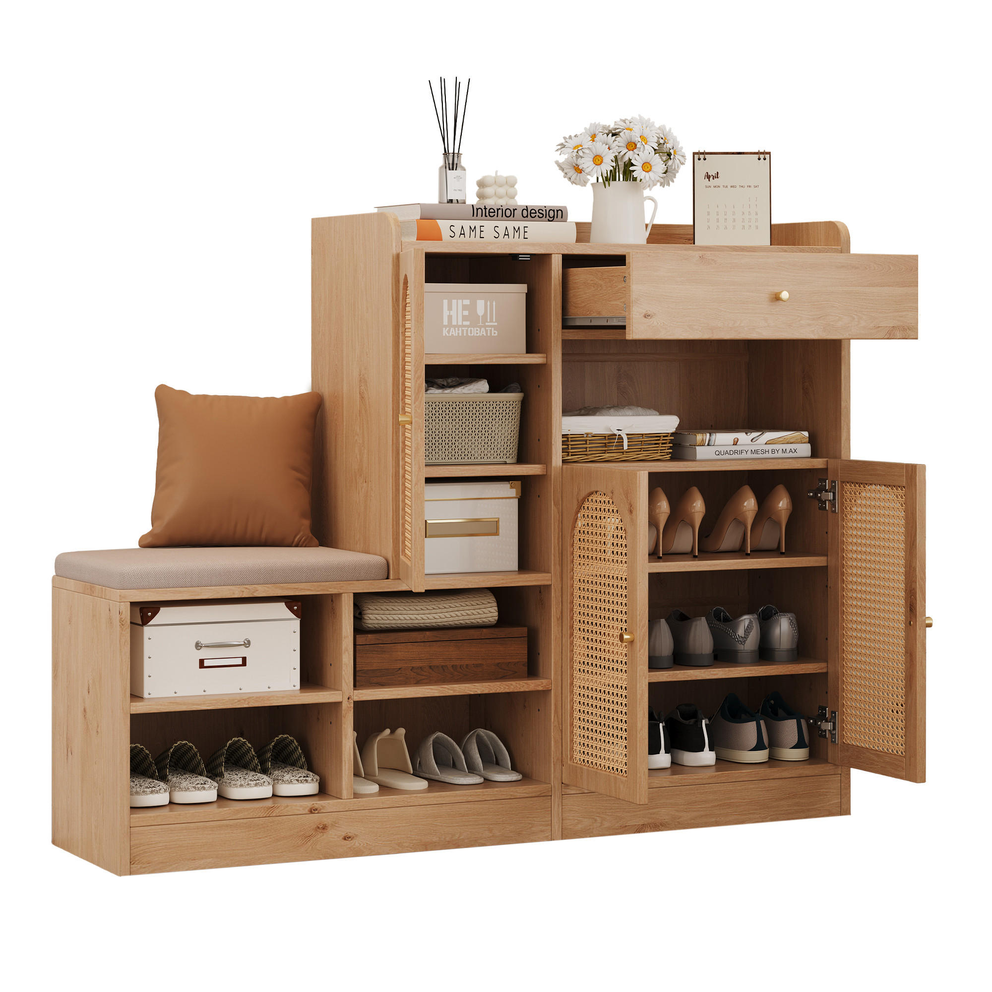 SCHUHSCHRANK mit Sitzbank Rattan Holzoptik 142x35x110cm - Naturfarben, Holzwerkstoff (35/110/142cm) - FLIEKS