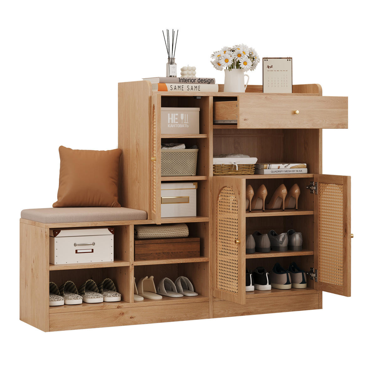 SCHUHSCHRANK mit Sitzbank Rattan Holzoptik 142x35x110cm - Naturfarben, Holzwerkstoff (35/110/142cm) - FLIEKS