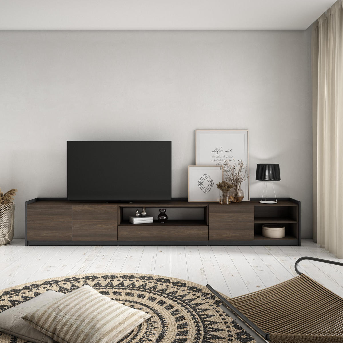 TV-SCHRANK, Lowboard, Dunkler Eiche und Schwarz, 310/37/50cm - Dunkelbraun, Holzwerkstoff (310/50/37cm) - Skraut Home