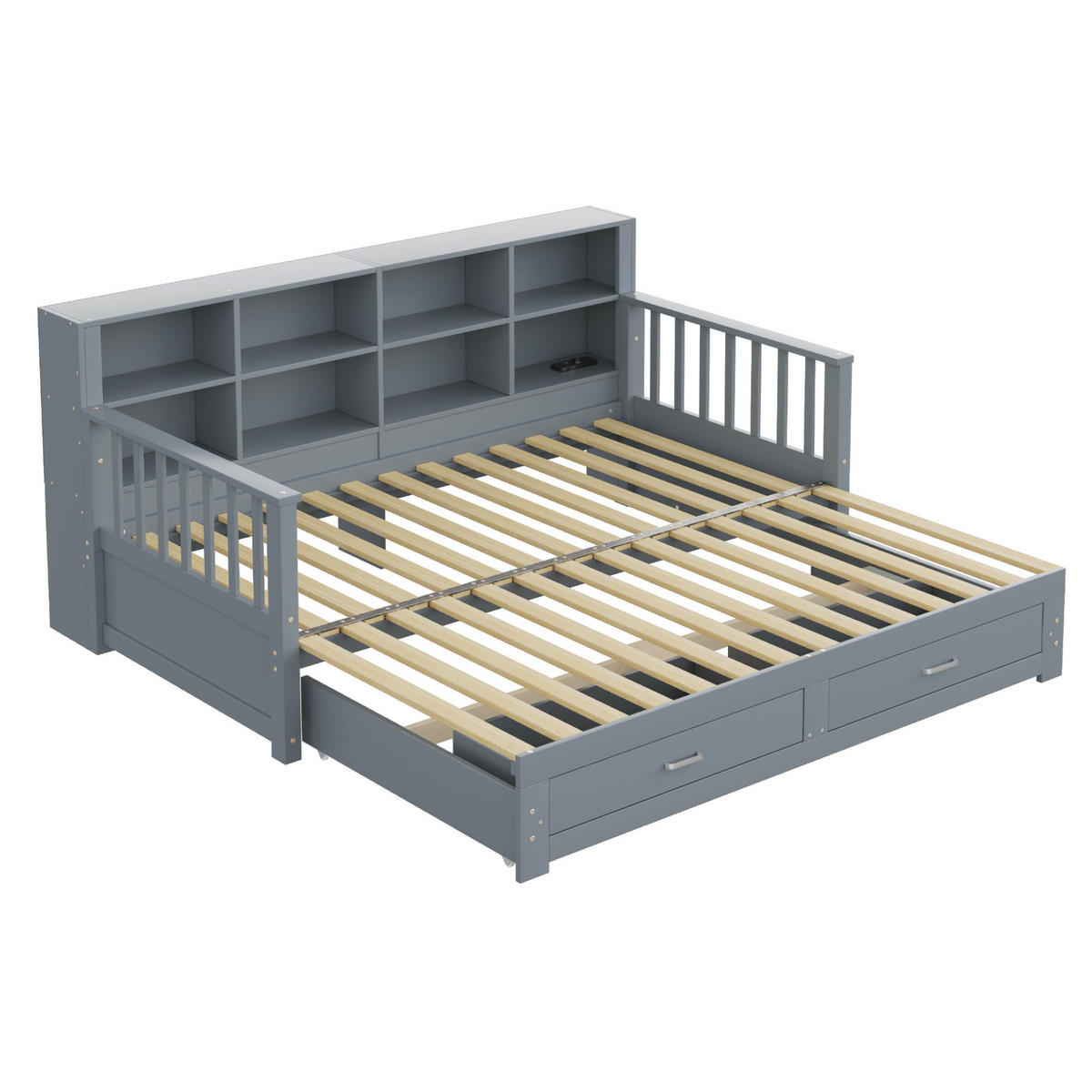BETT aus Kiefer 90x190/180x190 cm Grau mit Ausziehfunktion, Stauraum, Steckdose und 2 Schubladen - Grau, Holzwerkstoff (90/190cm) - Modfu