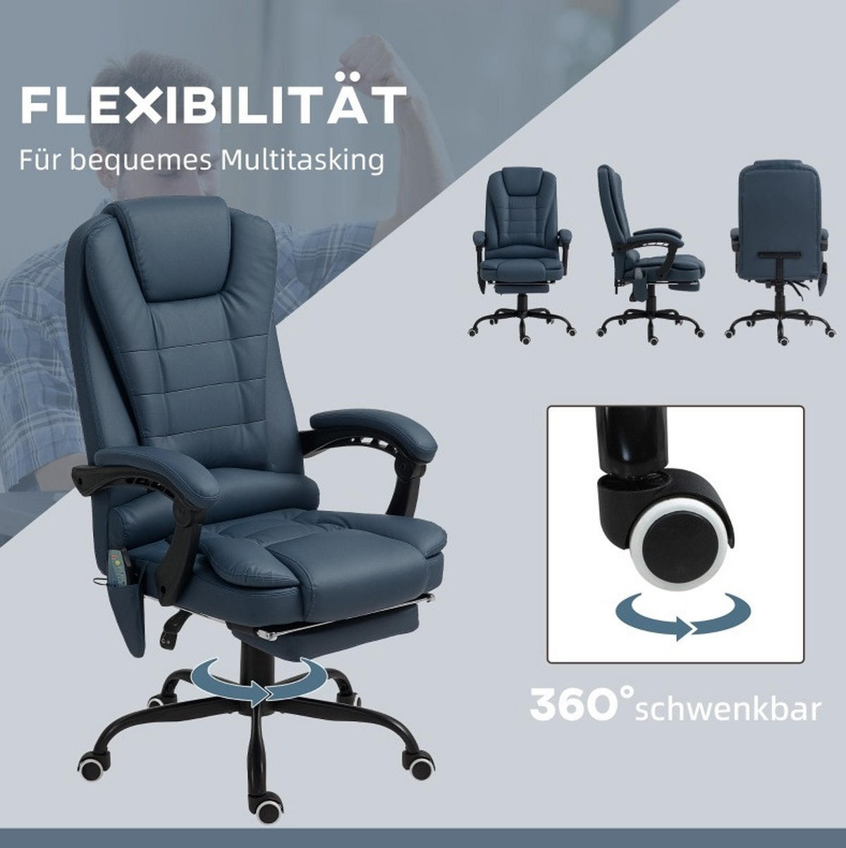 BÜROSESSEL mit Massagefunktion 67 x 67 x 111-121 cm Blau - Blau, Kunststoff (67/121/67cm) - Meubliv