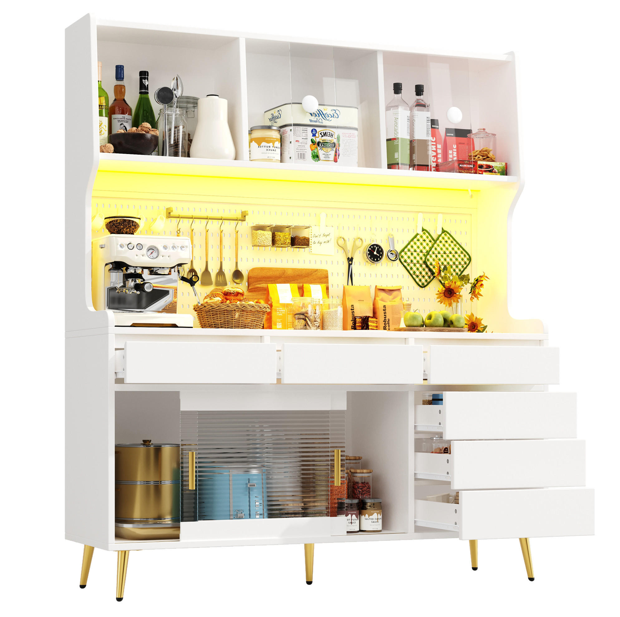 VISOKA omara, 145/39/171 cm, MDF/steklo bela, z LED osvetlitvijo - bela, leseni material (145/171/39cm) - BEAOK
