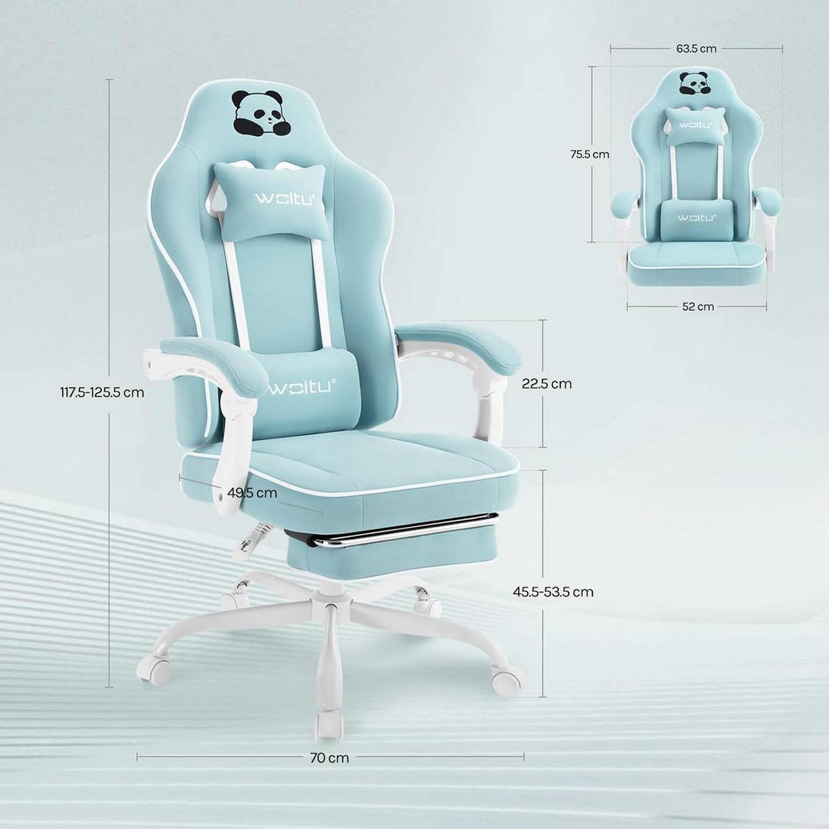 GAMINGSTUHL mit Taschenfederkissen, Netzstoff, Hellblau - Weiß/Hellblau, Textil/Metall (70/125.5/70cm) - Woltu