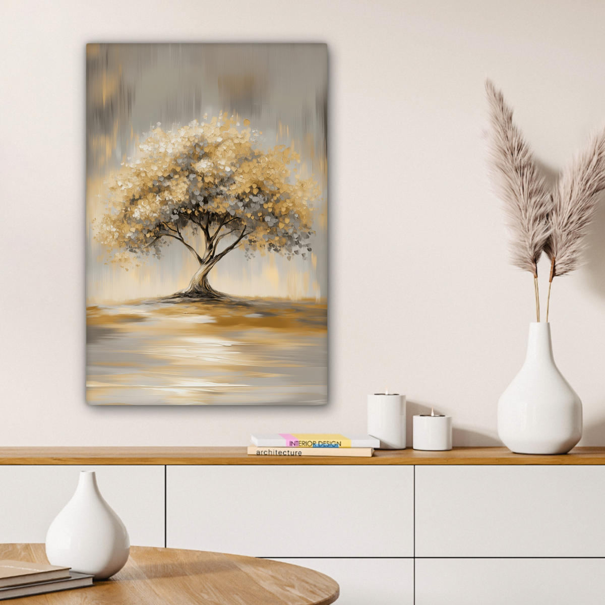 LEINWANDBILD Gemälde - Baum - Abstrakt - Blätter Wanddeko Schlafzimmer 60x90 cm - Beige, Textil (60/90cm) - MuchoWow