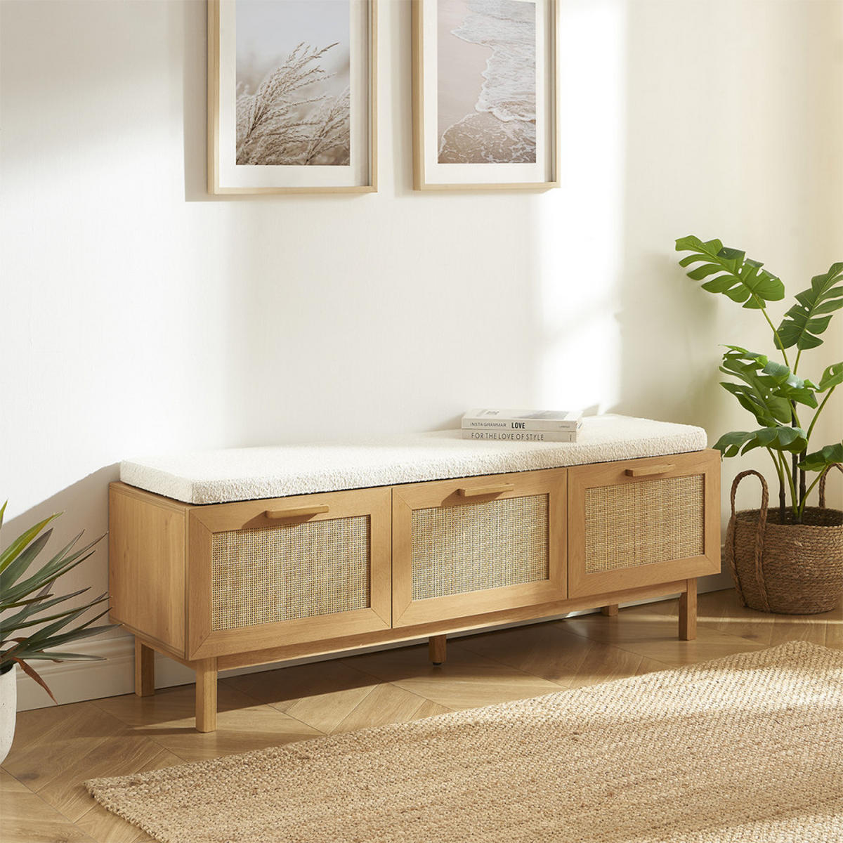 EINGANGSBÄNKE mit Schuhaufbewahrung aus Holz und Rattan, L140cm - JUNE - Klares Holz - Eschefarben, Holz (140/50/38cm) - Drawer