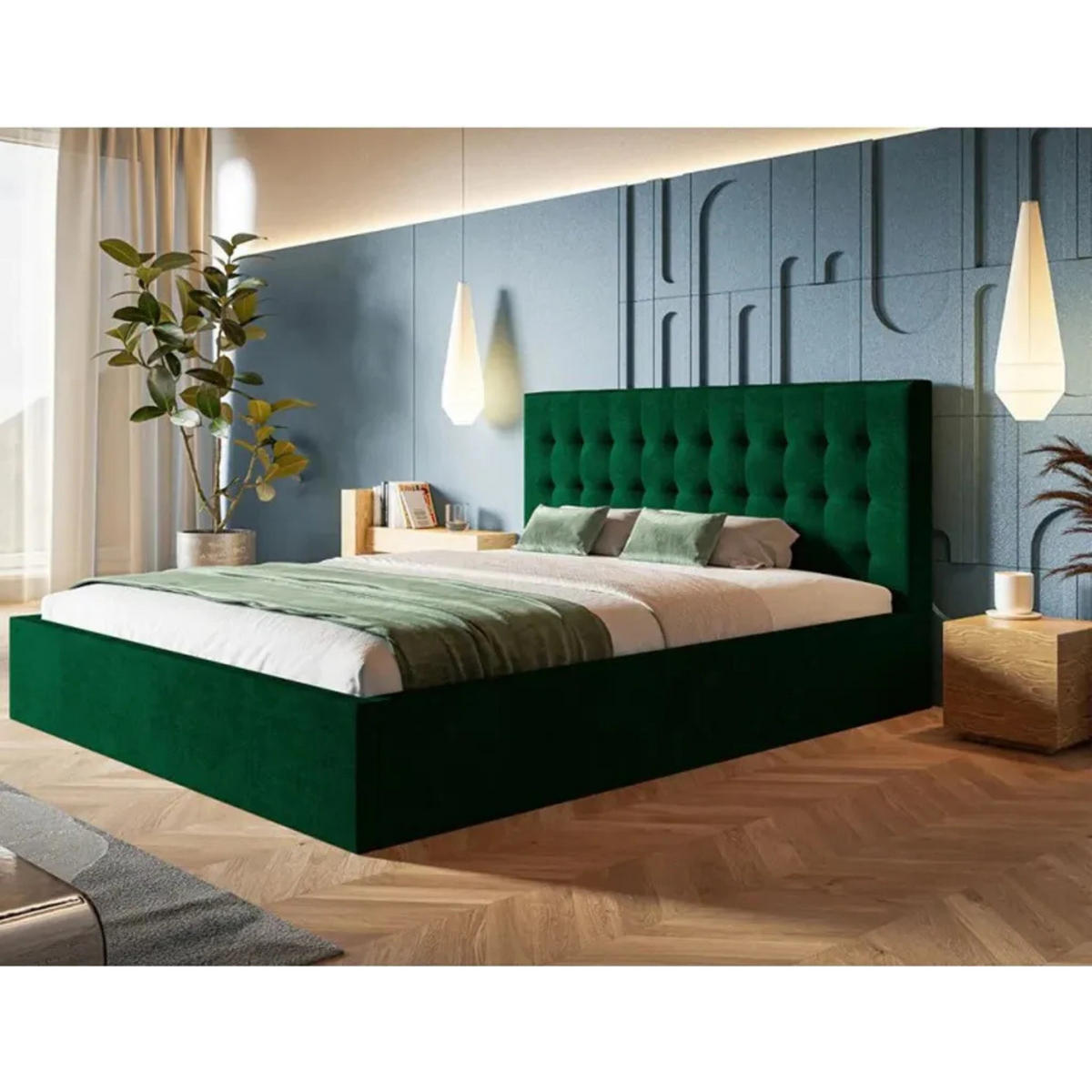 POLSTERBETT SIM 2 mit Kopfteil, 160 x 200 cm mit Bettkasten und Lattenrost aus Holz, Velourstoff, Farbe: Grün - Grün, Holz/Kunststoff (160/200cm) - Sepro Meble