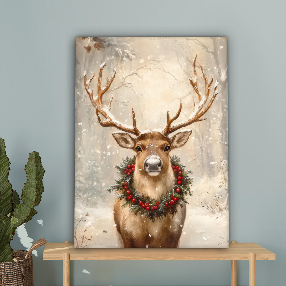 LEINWANDBILD Weihnachten - Rentier - Winter - Kranz 60x80 cm - Naturfarben, Textil (60/80cm) - MuchoWow