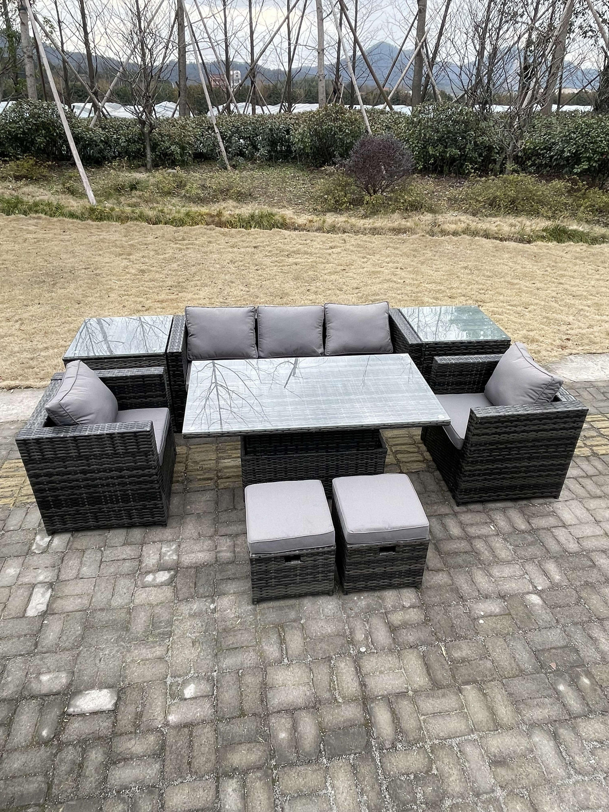 GARTENSOFA Hohe Rückenlehne Polyrattan 7-Sitzer - Dunkelgrau/Grau, Glas/Kunststoff - Fimous