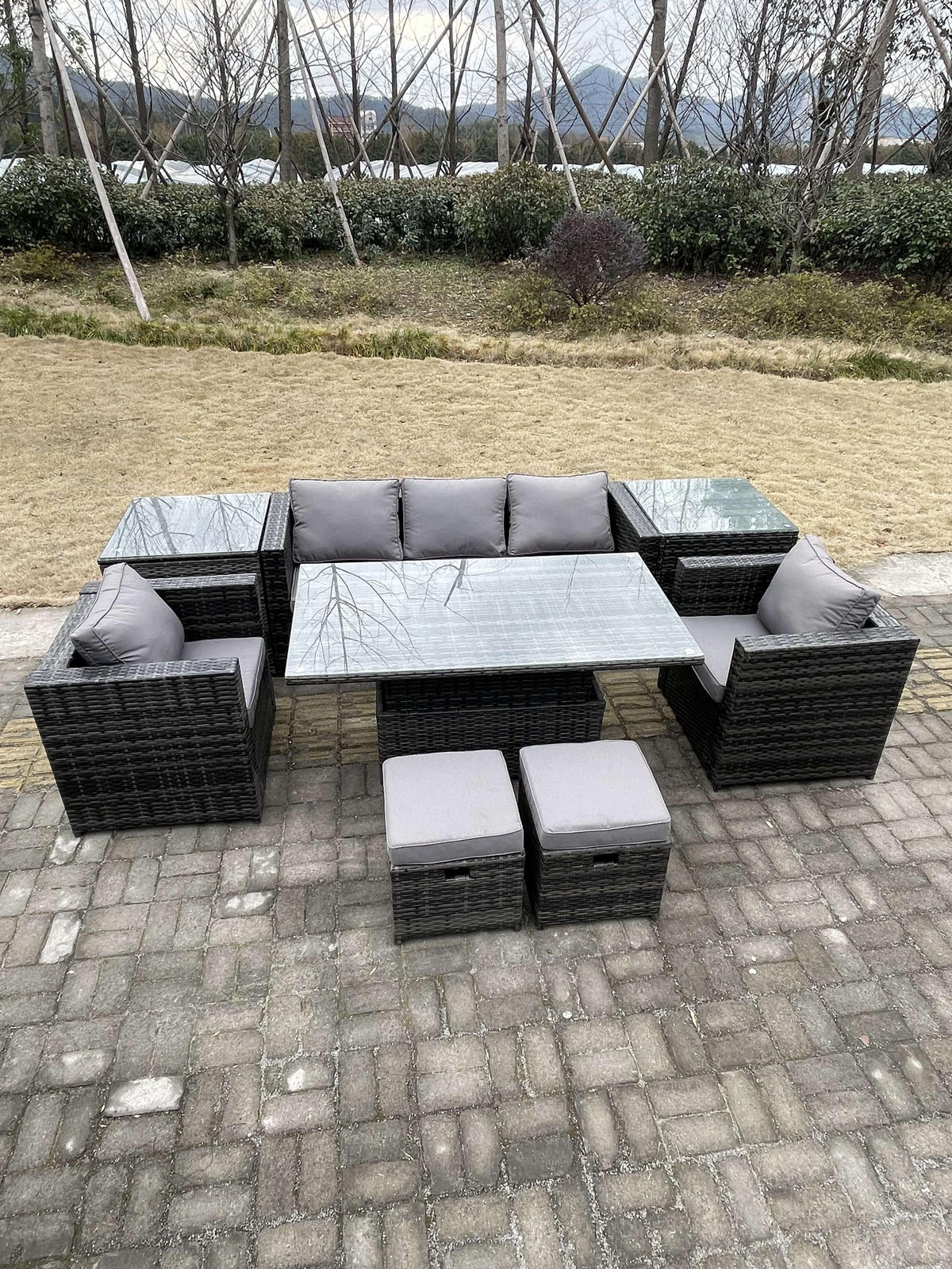 GARTENSOFA Hohe Rückenlehne Polyrattan 7-Sitzer - Dunkelgrau/Grau, Glas/Kunststoff - Fimous