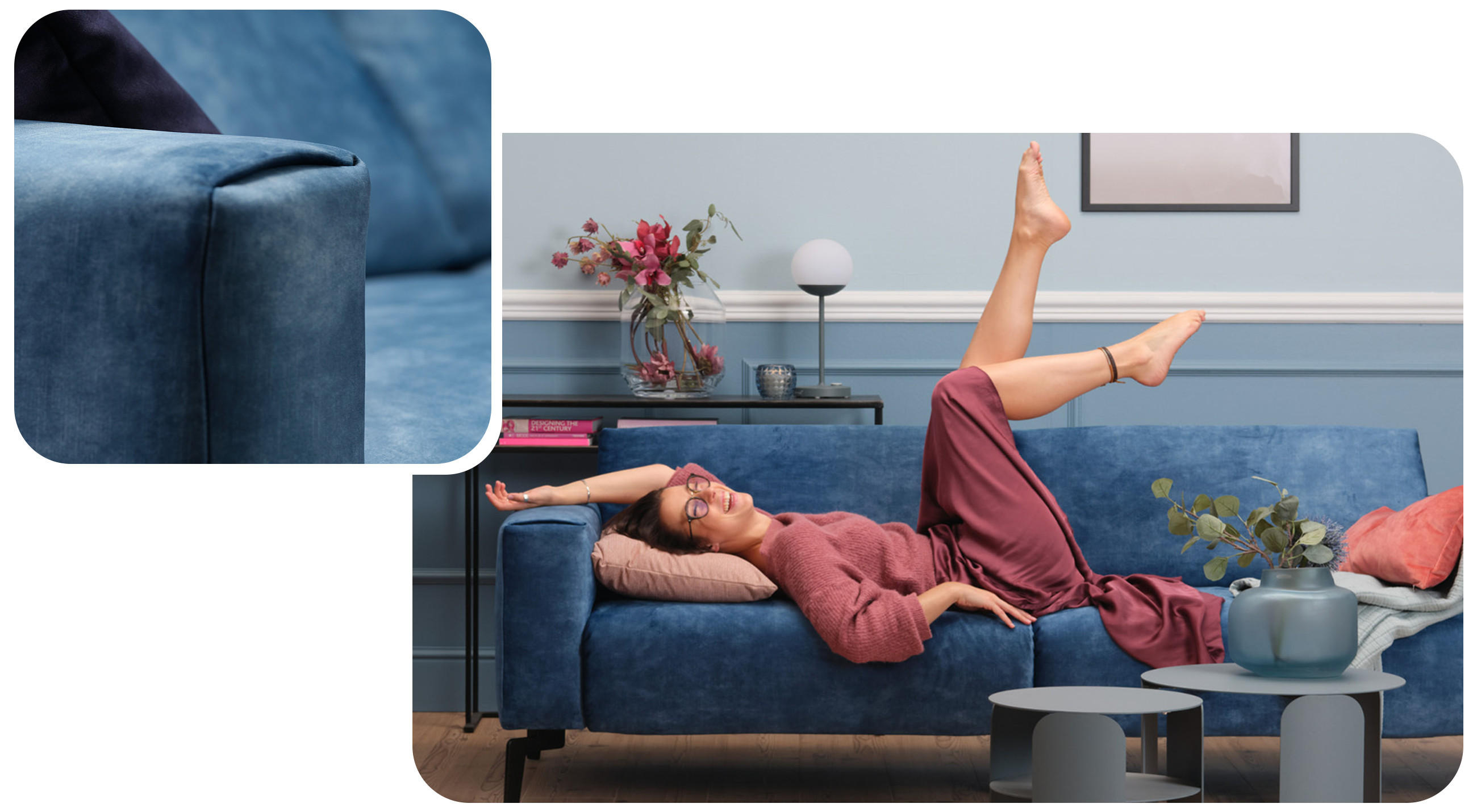SENSOO, Cosy 1, Design trifft auf Komfort, blaues Sofa mit Funktionen