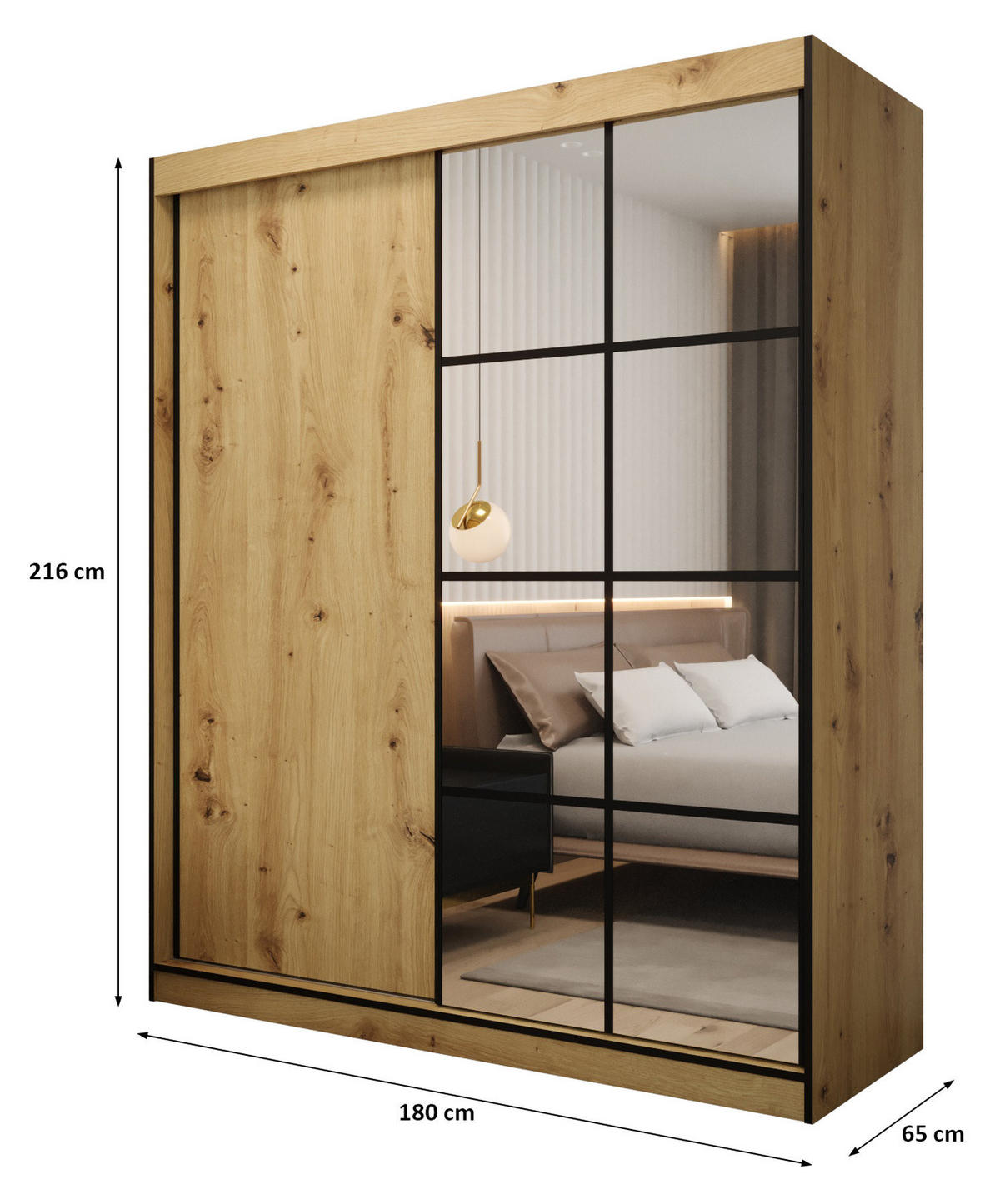 SCHIEBETÜRENSCHRANK MODENA 2 180, 2-türig Kleiderschrank mit 1 Spiegel, Moderne Garderobe, Schrank in Größe: 180 x 216 x 65 cm - Schwarz/Braun, Holzwerkstoff (180/216/65cm) - O-Sofa