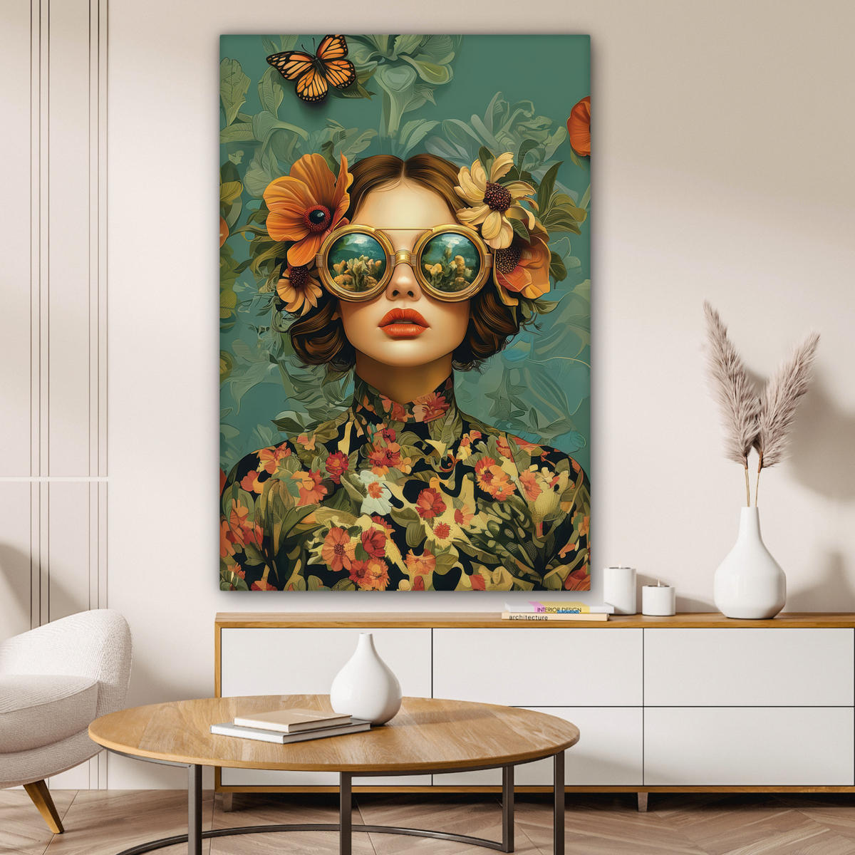 LEINWANDBILD Frau - Blumen - Schmetterlinge - Natur - Vintage Deko XXL 80x120 cm - Salbeigrün, Textil (80/120cm) - MuchoWow
