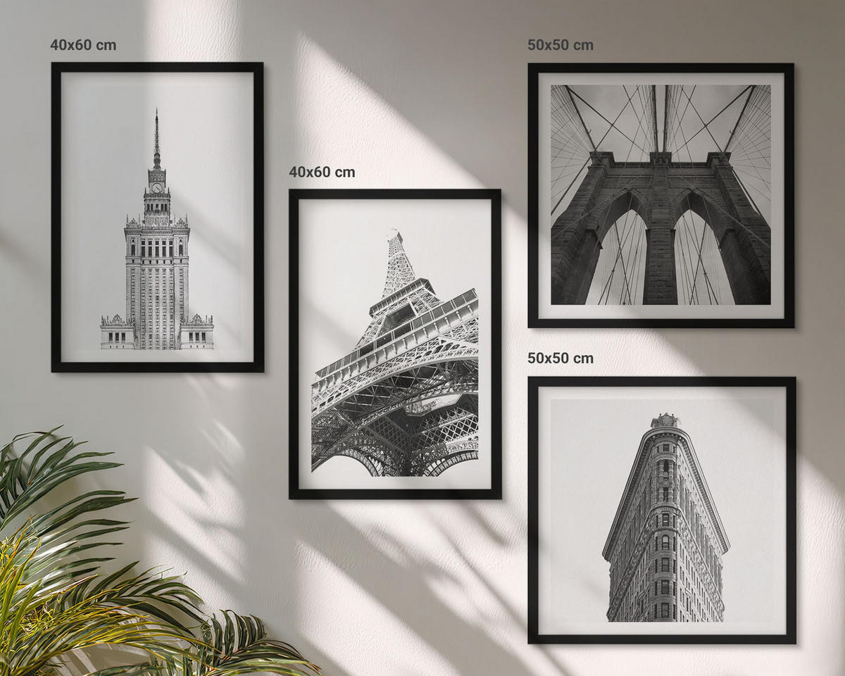 BILDER SET 4er Set - 50x50 cm & 40x60 cm Schwarzer Rahmen - Architektur Schwarz-Weiß-Minimalismus - Schwarz, Kunststoff (50/50cm) - TULUP