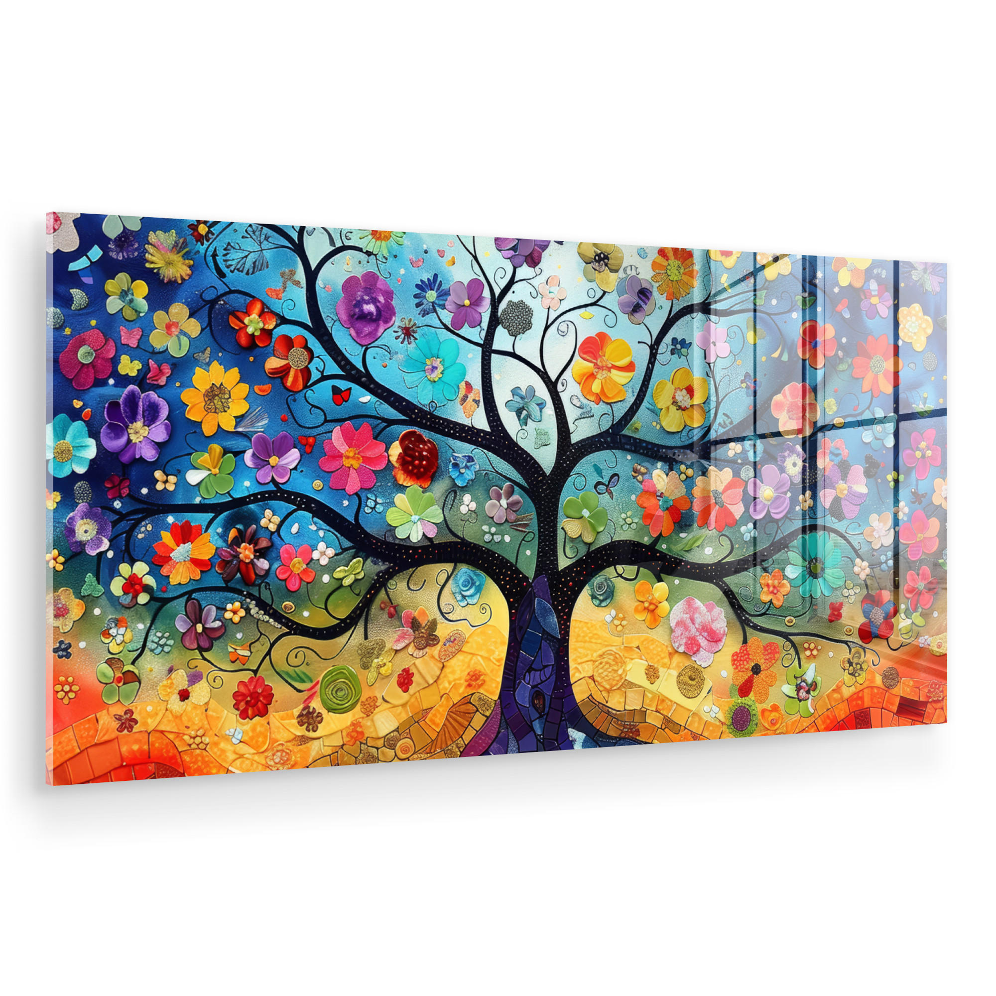 ACRYLGLASBILD Kunst - Baum des Lebens - Blumen - Hippie 120x60 cm - Dunkelblau, Glas (120/60cm) - MuchoWow