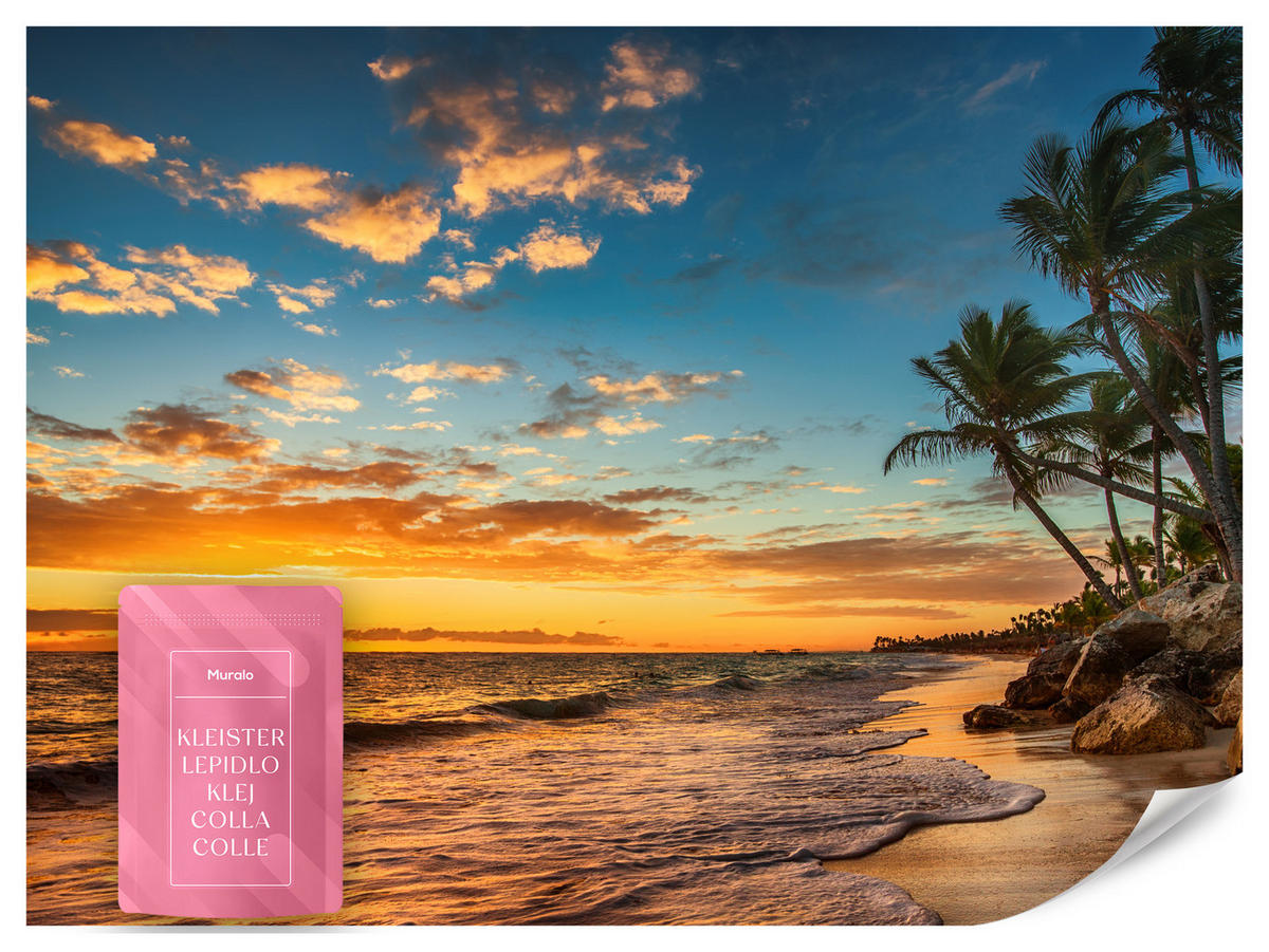 FOTOTAPETE Strand Meer Sonnenuntergang Natur 3D 100x70 - Gelb/Orange, Papier (100/70cm) - Muralo