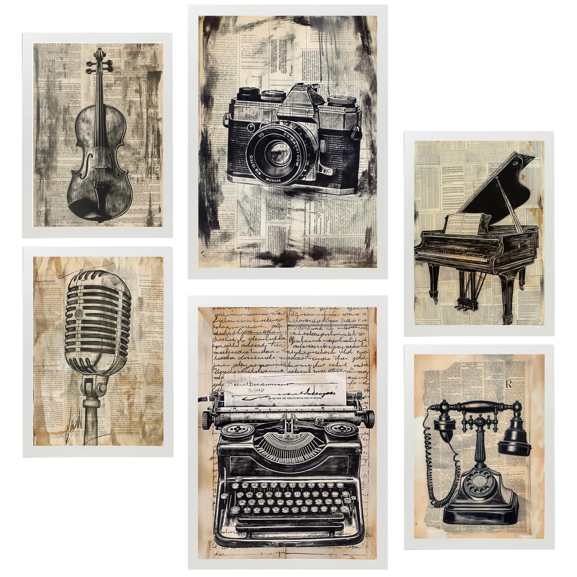 POSTER Set Mit 6 Vintage Liebe Kamera Mikro Klavier Violine Telefon A3 & A4 Weißer Rahmen - Weiß, Papier (29/3cm) - Nacnic