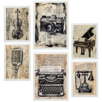 POSTER Set Mit 6 Vintage Liebe Kamera Mikro Klavier Violine Telefon A3 & A4 Weißer Rahmen - Weiß, Papier (29/3cm) - Nacnic