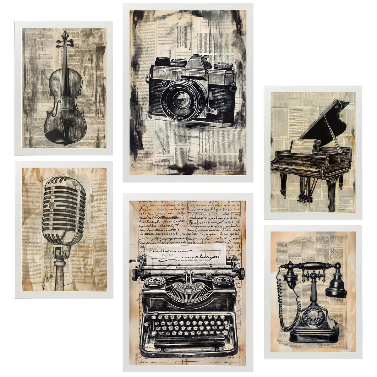 POSTER Set Mit 6 Vintage Liebe Kamera Mikro Klavier Violine Telefon A3 & A4 Weißer Rahmen - Weiß, Papier (29/3cm) - Nacnic